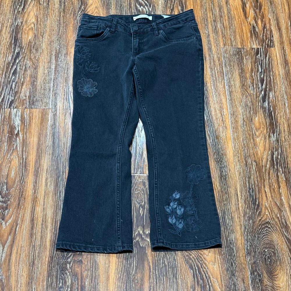 Levis 715 Girls 14 Regular Crop Boot Cut Jeans Black Floral Embroidered Denim